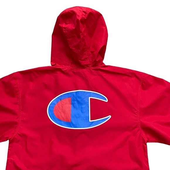 Champion Logo Quarter Zip Packable Hooded Windbreaker Jacket Men’s Size S Red - Picture 5 of 10